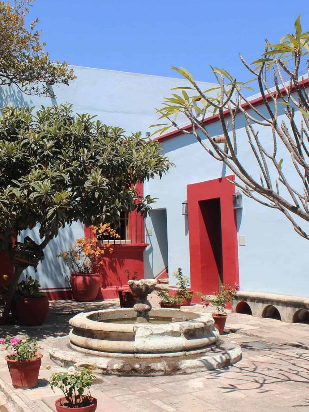 Vibrant colorful courtyard with fountain, potted plants, and lush greenery, perfect for exploring local attractions.