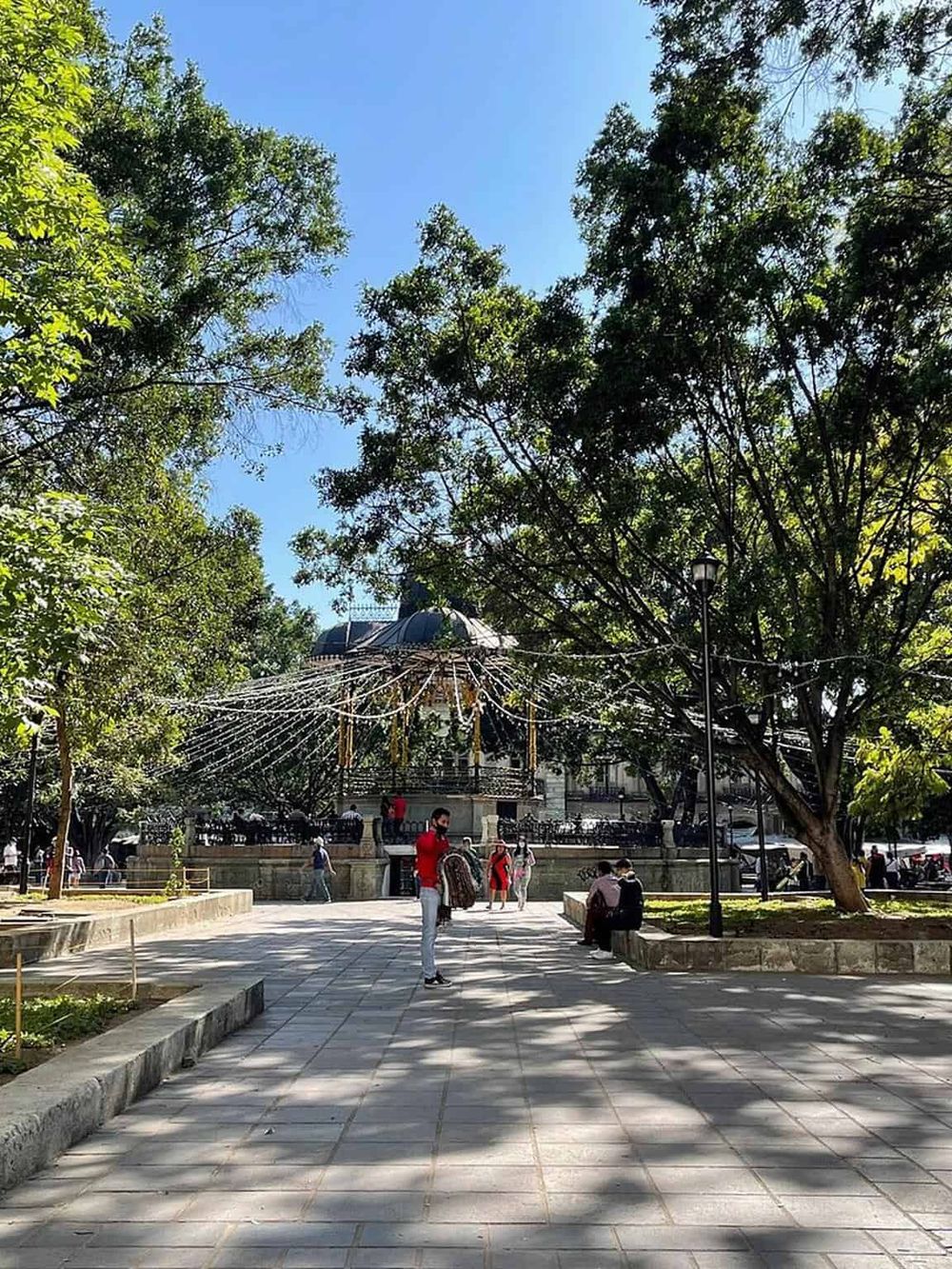 Colorful carousel in a lush, tree-filled park with visitors enjoying a sunny day, perfect for family outings and outdoor fun.
