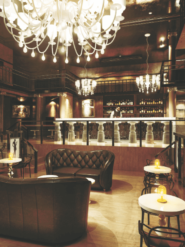 Elegant bar lounge with chandeliers, cozy seating, and a well-stocked bar at QuestForDirections.