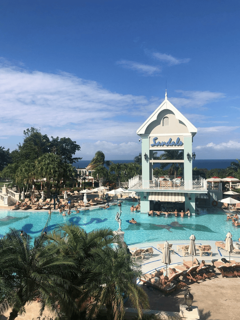 Relaxing pool scene at Sandals resort in the Caribbean.