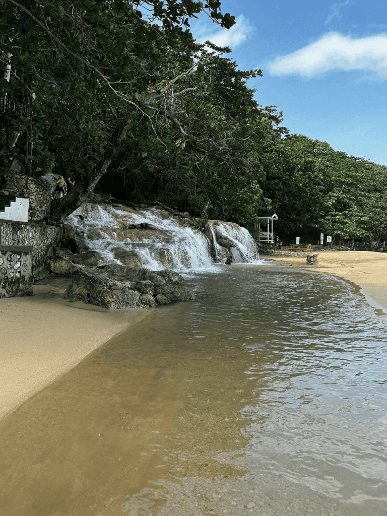 Serene beach with cascading waterfall, lush greenery, and clear waters perfect for relaxing and exploring nature.