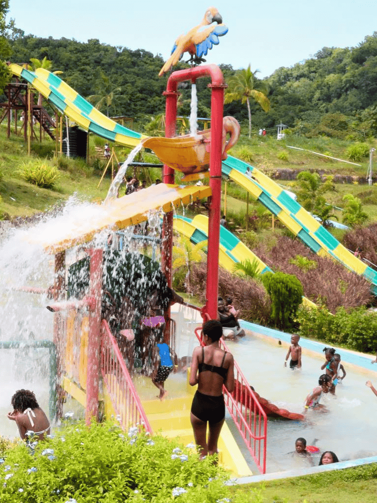 Water park slide with tropical scenery and children playing in the pool.