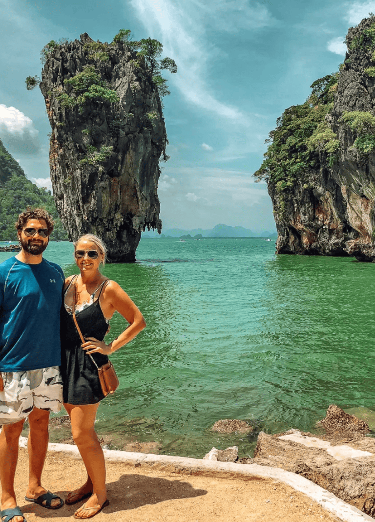 Rock formation and turquoise water at tropical island.