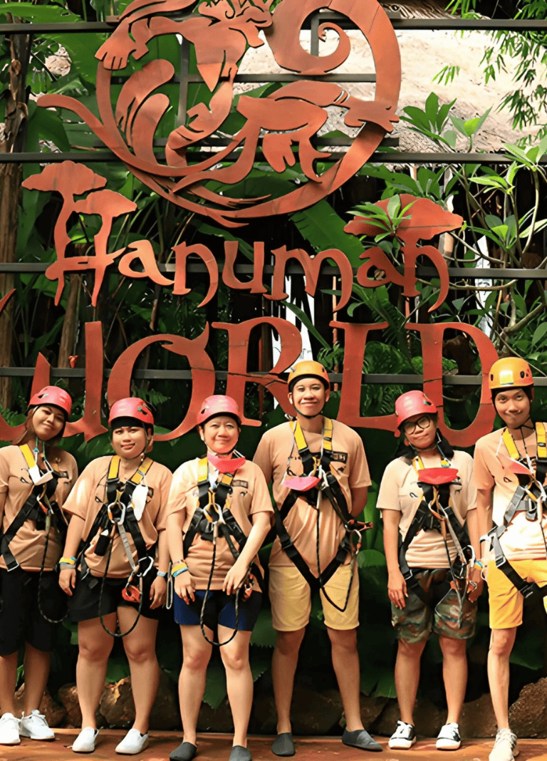 Adventure group preparing for tree climbing adventure at Hanuma Forest.