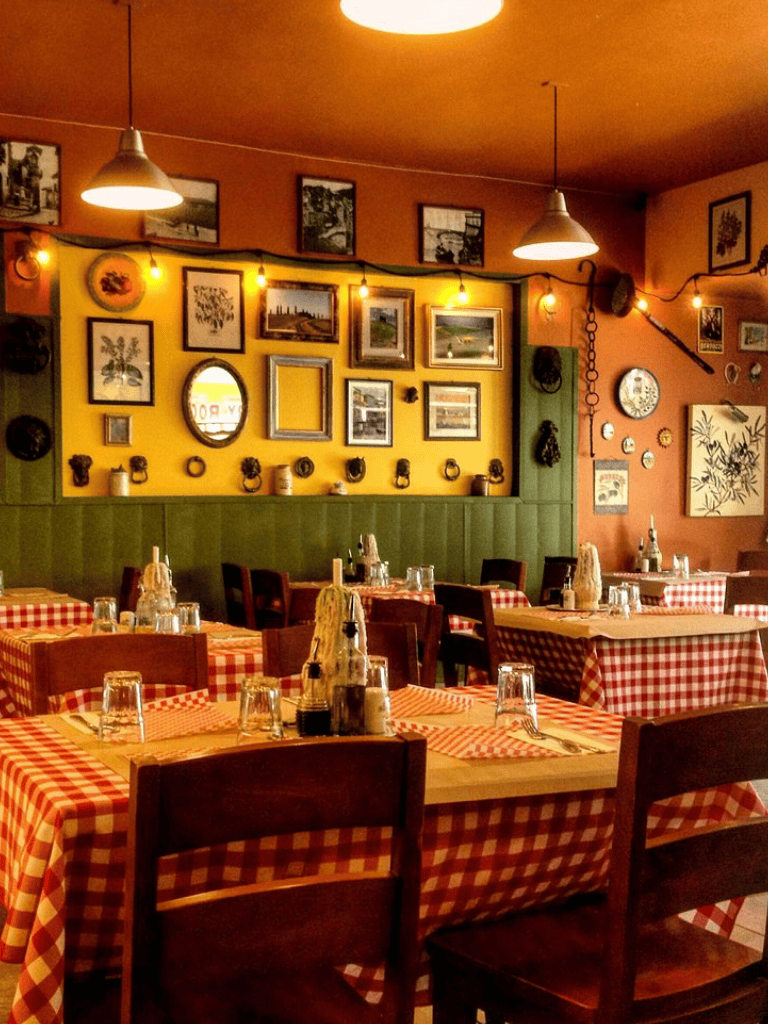 Cozy restaurant interior with warm lighting, artworks, and checkered tablecloths, perfect for dining at QuestForDirections.