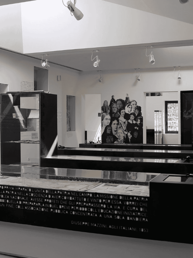 History museum exhibit showcasing Italian patriotism and notable figures, with educational information and artwork display.