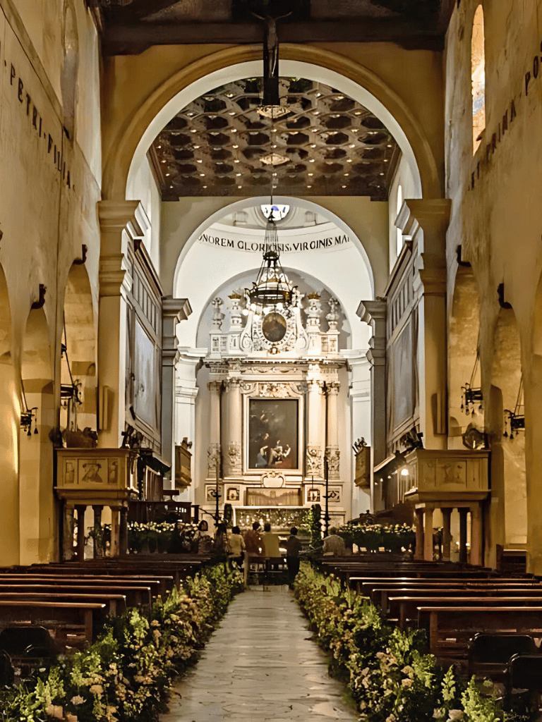 Serene church interior with ornate altar and floral decorations, ideal for spiritual guidance and community worship.