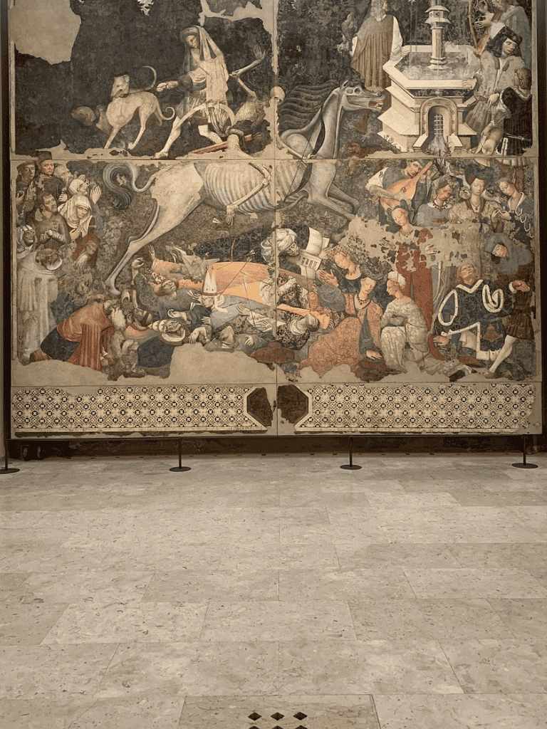 Ancient fresco depicting mythological scenes and historical figures in a museum setting.