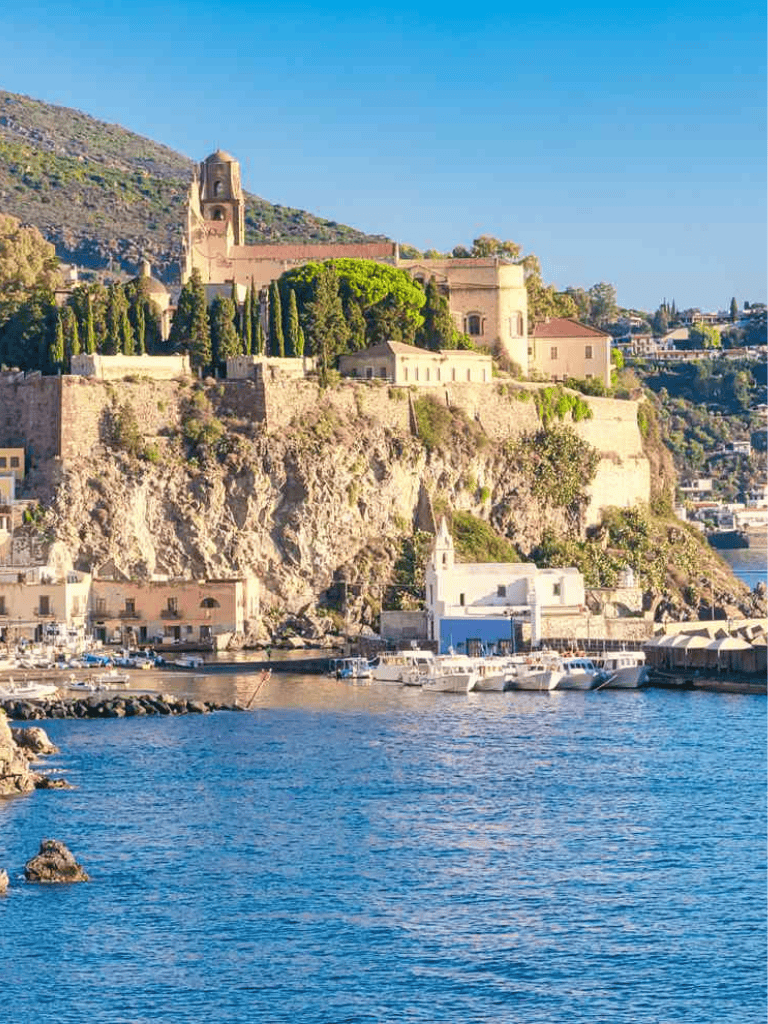 Picturesque coastal village with historic buildings and boats in a serene harbor, located on a scenic hillside.