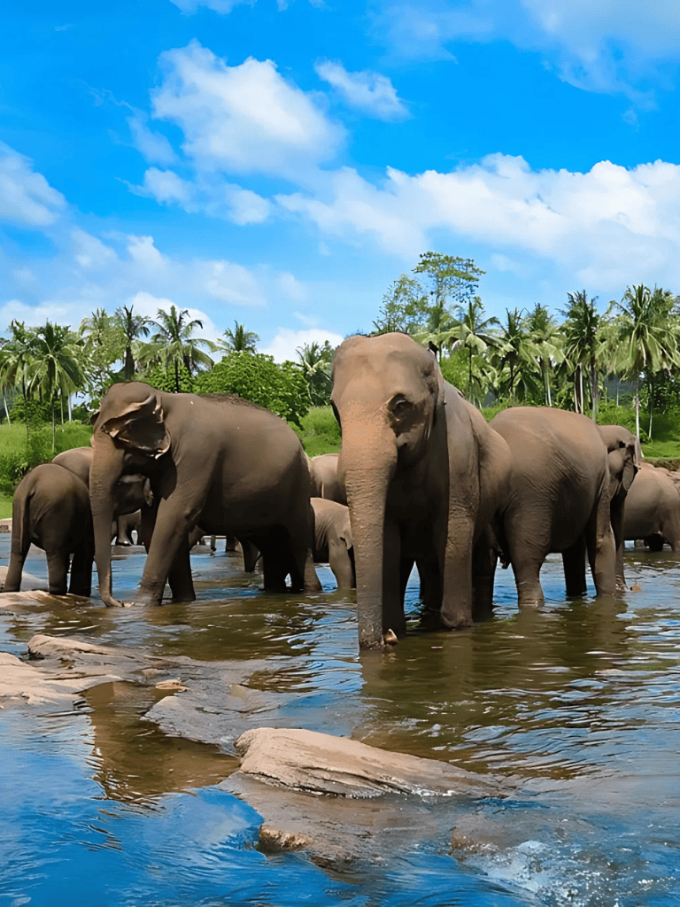 Majestic elephants crossing river in lush jungle setting.