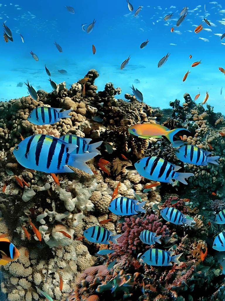 Colorful tropical fish swimming over coral reef in vibrant underwater scene.