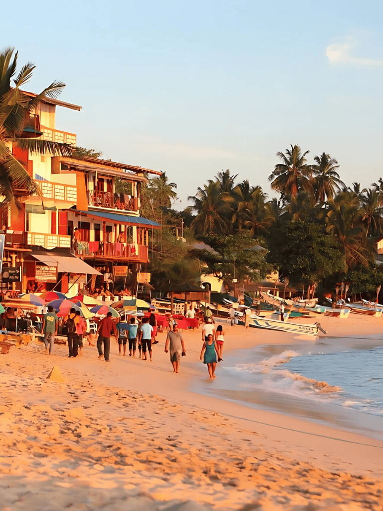 Beachside resort with colorful buildings and palm trees, perfect for vacation and relaxation spots.