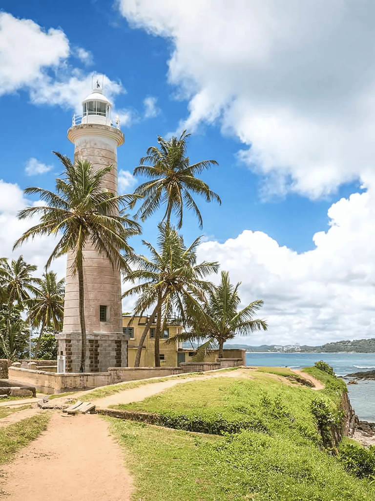 Lighthouse with palm trees on a seaside cliff in tropical setting.