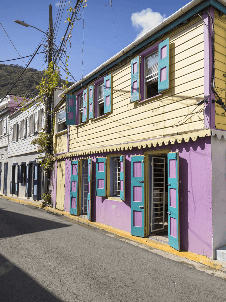 Colorful house with vibrant yellow, purple, and turquoise shutters, located in a scenic neighborhood.