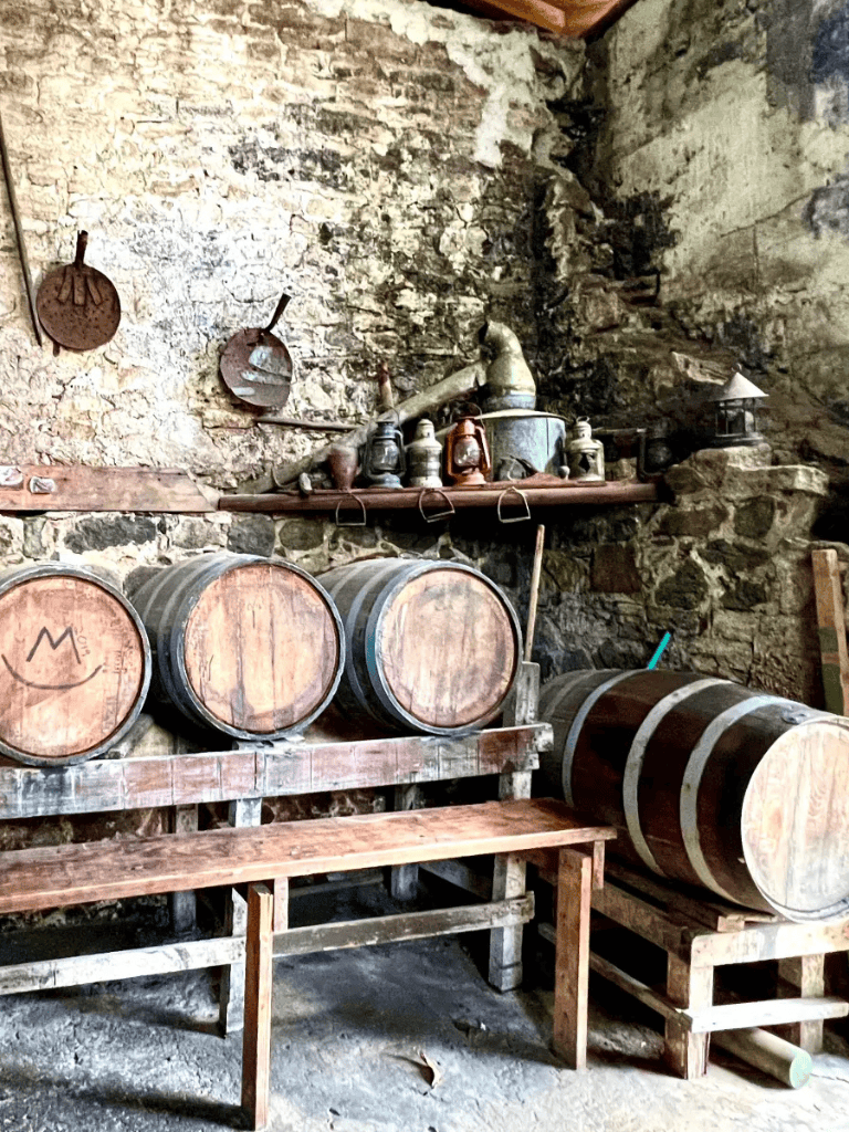 Rustic wine barrels and antique brewing tools in a historic winery setting.