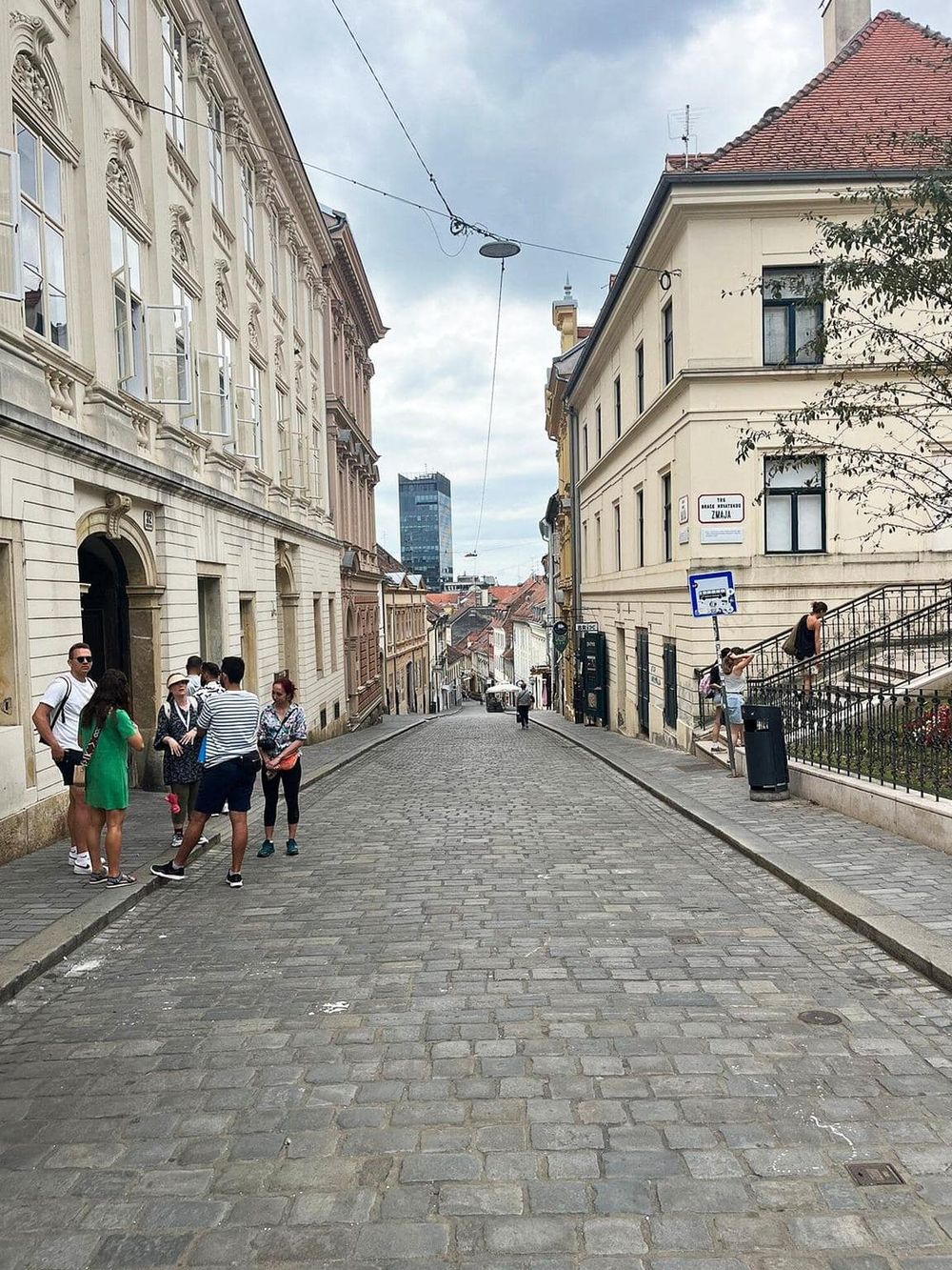 Historic European cobblestone street with tourists, classic architecture, and cityscape in background.