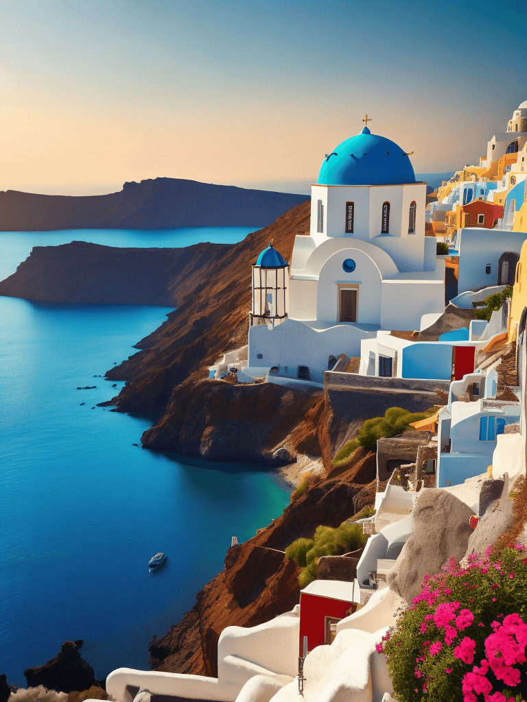Vibrant Santorini coastal village with iconic white buildings and blue domes, overlooking the Aegean Sea.