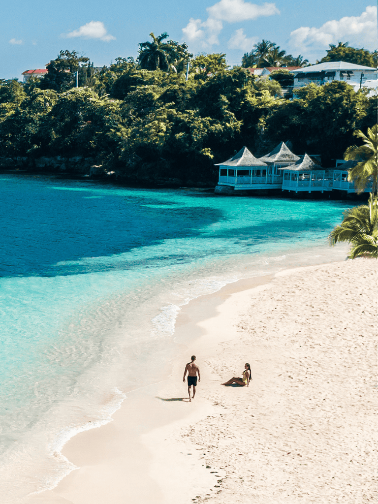 Relaxing Caribbean beach with turquoise waters and lush greenery, ideal for travel planning and vacation booking.
