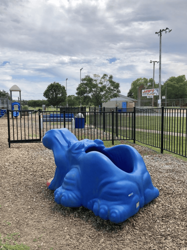 Colorful blue animal-shaped playground equipment at QuestForDirections park.