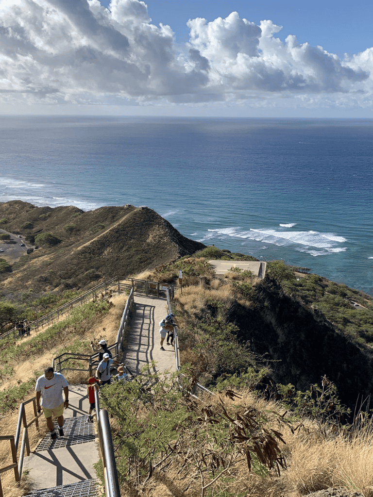 Cliffs of the Pacific Ocean with visitors on scenic coastal stairs at QuestForDirections.