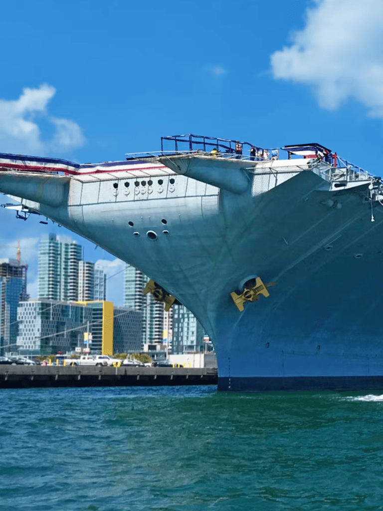 Massive cruise ship docked with city skyline in background.