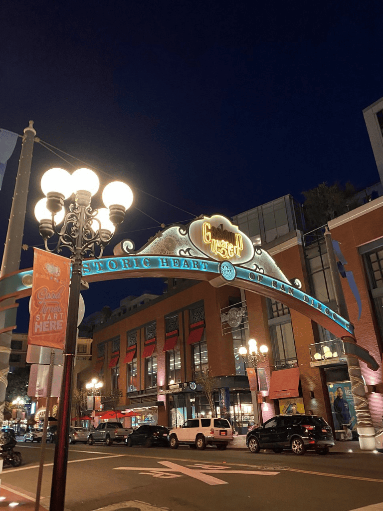 Historic heart of San Diego nightlife at Gaslamp Quarter illuminated at night.