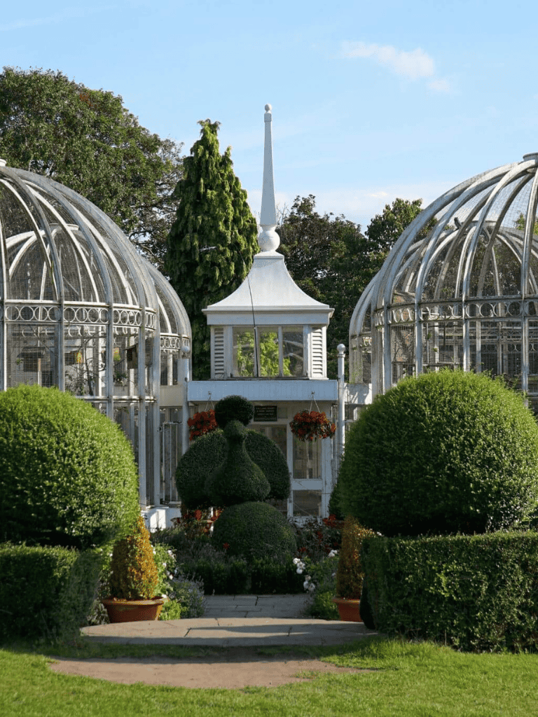 Elegant glass greenhouse with lush garden plants and topiary, picturesque backdrop for garden enthusiasts.