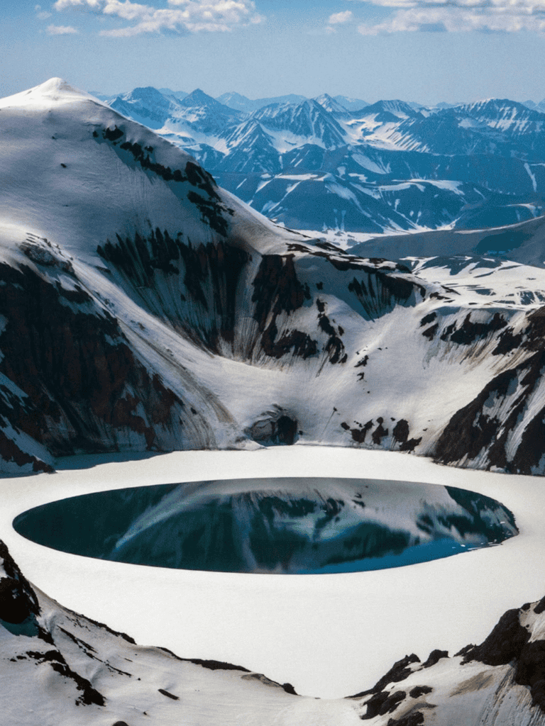 Snow-covered mountain landscape with a serene glacial lake nestled in the mountains.