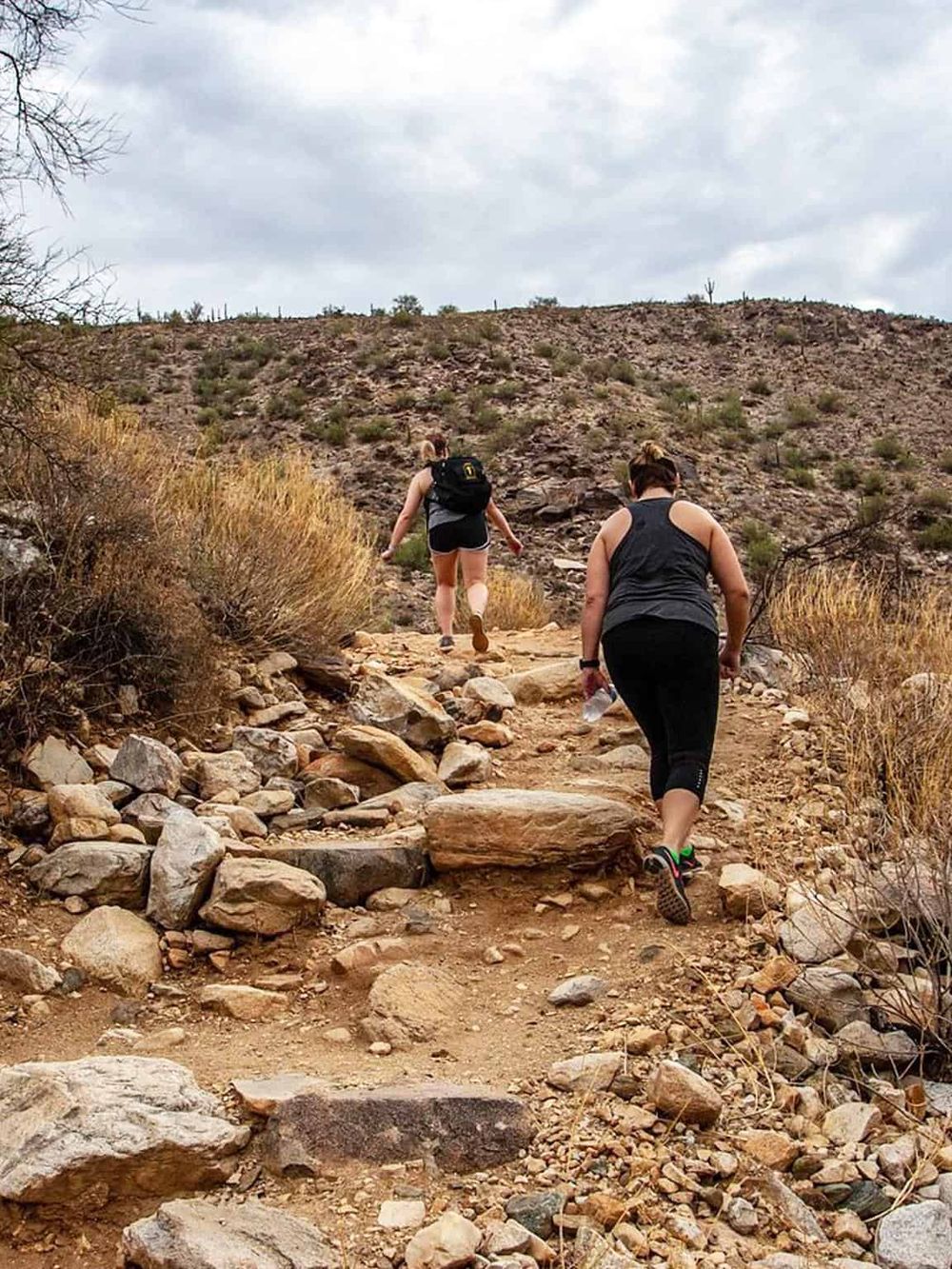 Steep desert hiking trail with two women trekking up rocky terrain, cacti and dry bushes surrounding.