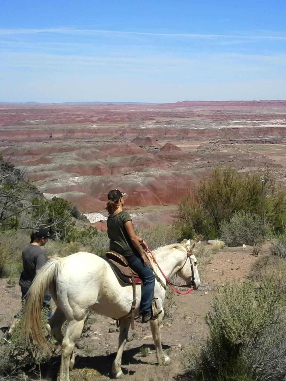 Vast desert landscape with a person riding a white horse in a scenic outdoor setting.