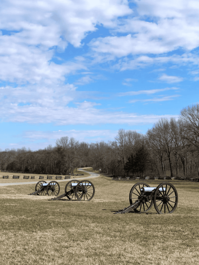 Earthwork park with historic cannons and winding road in the background.
