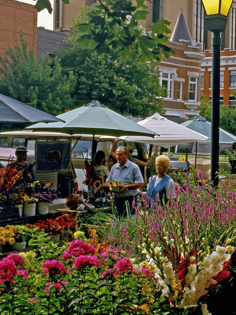 Colorful outdoor farmers market with flowers, vendors, and shoppers on a sunny day.