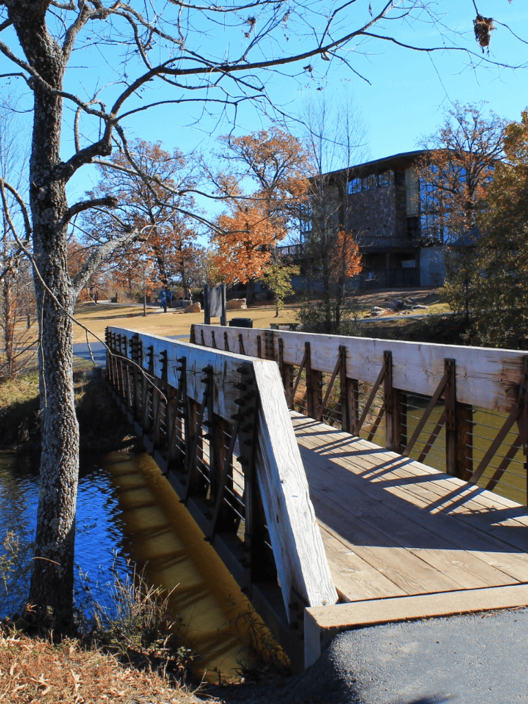 Scenic wooden bridge over water with autumn trees and modern building in background.