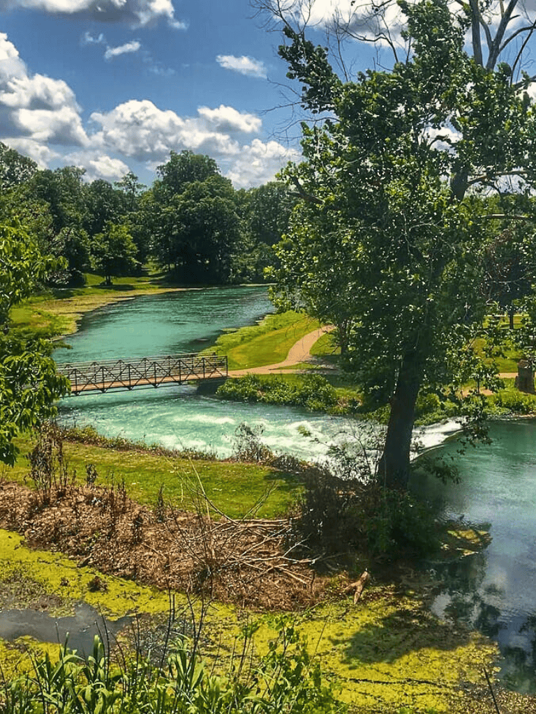 Serene river view with lush greenery and walking trail at QuestForDirections park, perfect for outdoor activities and relaxation.
