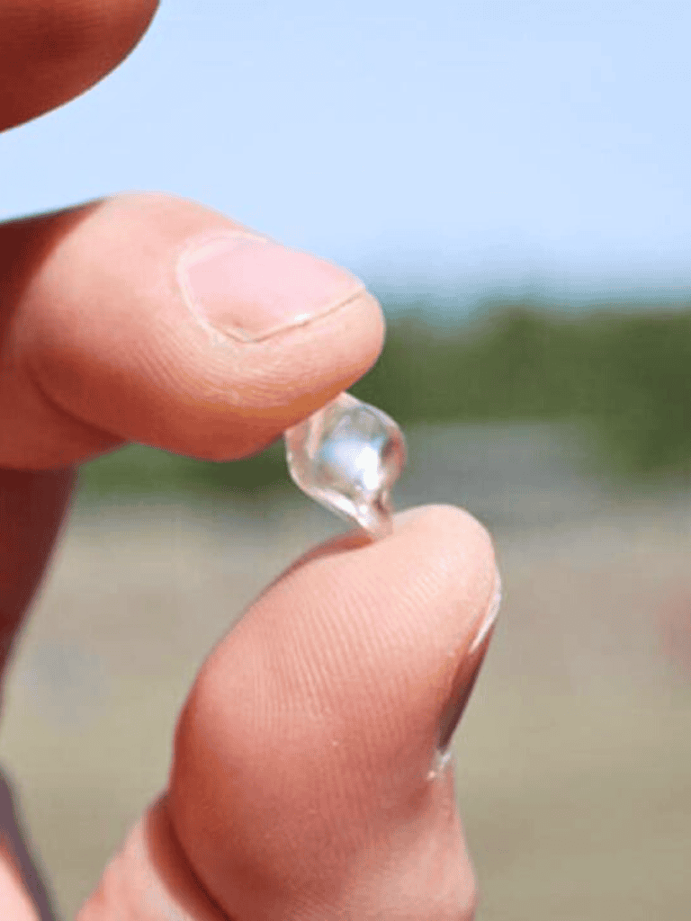 Shimmering clear water droplet on fingertip, beach background, sustainable water solutions.
