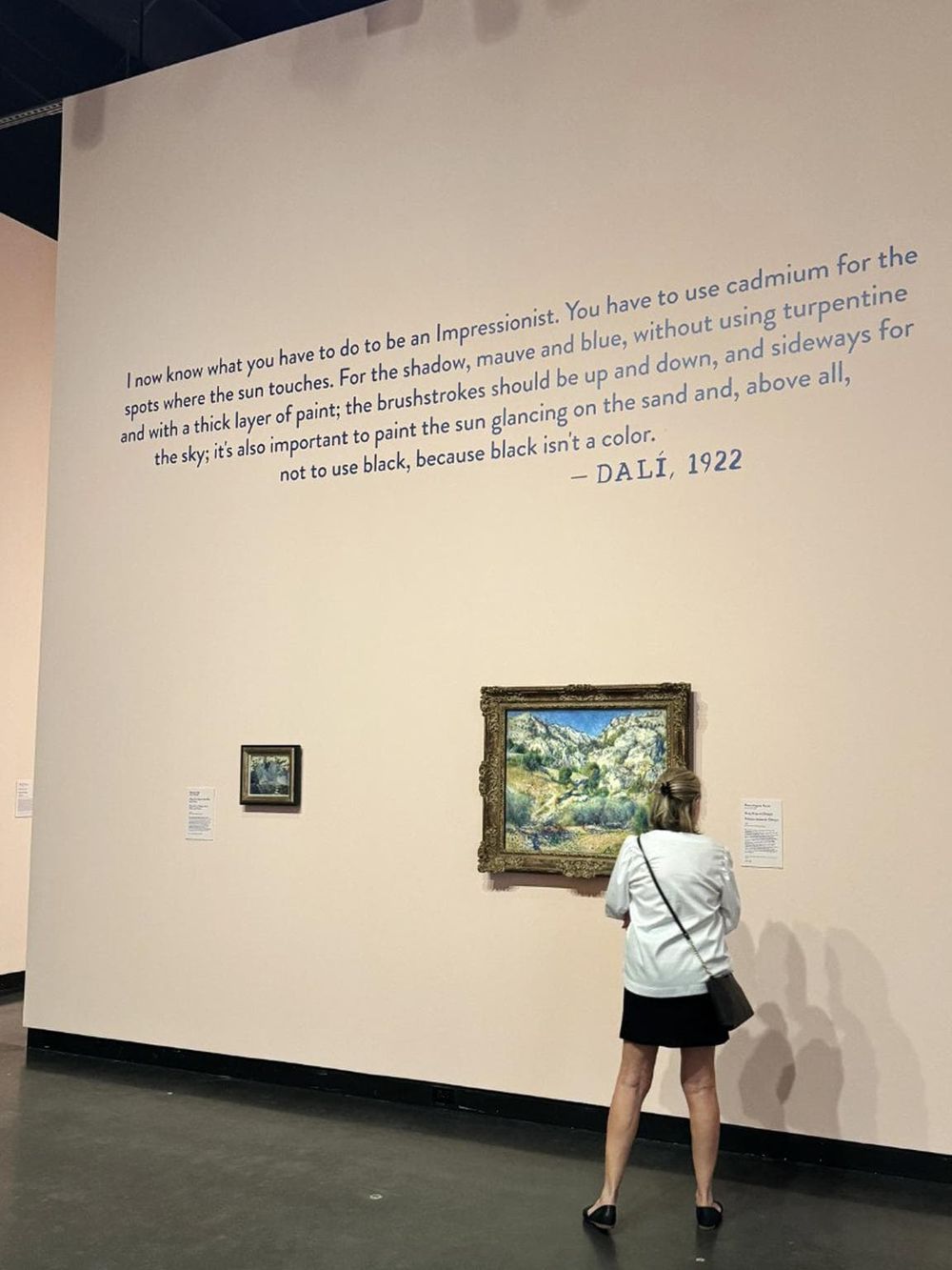 1. Art gallery display of impressionist paintings with quote about painting techniques.
