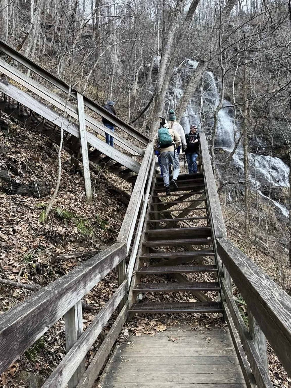 Scenic waterfall trail with wooden stairs and hikers exploring nature.