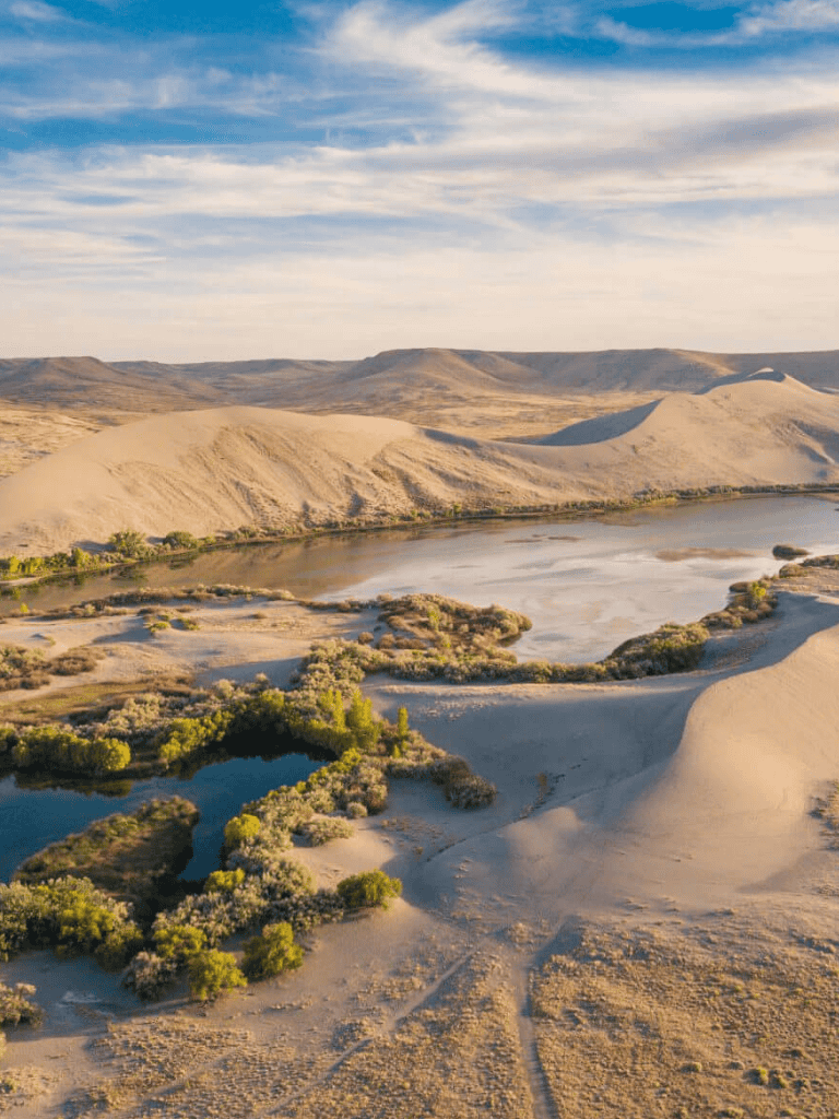 Stunning desert landscape with river and greenery, offering scenic outdoor adventure opportunities.