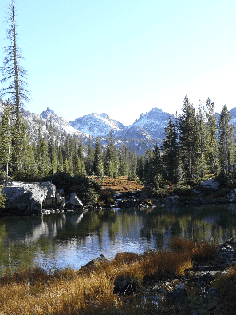 Serene mountain landscape with lake and pine trees in a national park setting.