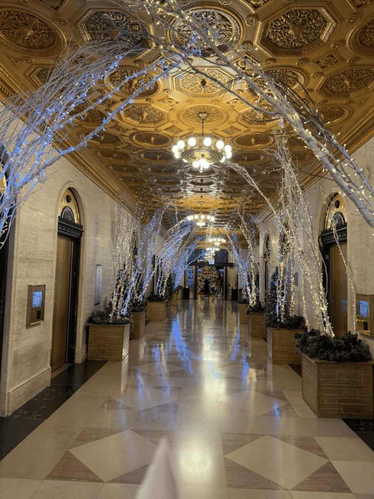 Elegant hotel corridor with holiday light decorations and ornate ceiling, perfect for luxury travel.