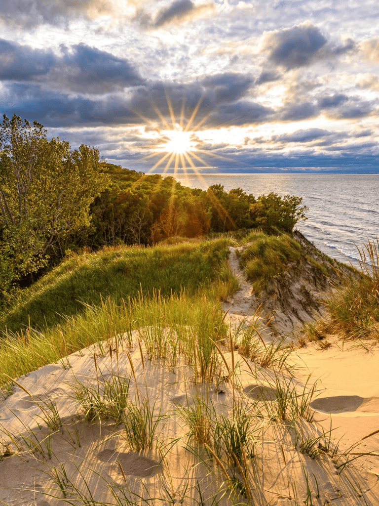 Sunset over sandy beach with dunes and lush greenery, scenic coastal landscape at QuestForDirections.