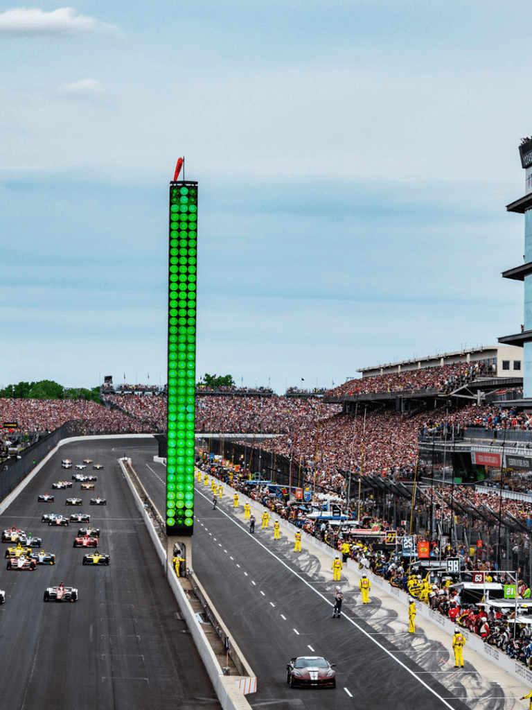 1. Large green LED race start signal at Indy 500 race track.