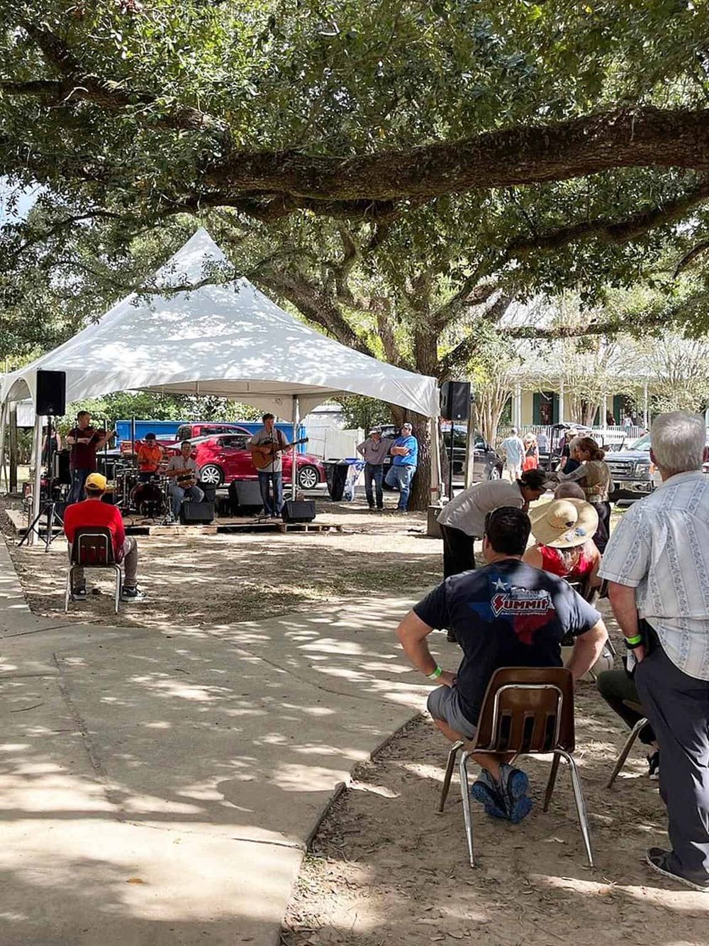 Live outdoor music performance at a community event under large shade trees, with people enjoying the concert and picnic area.