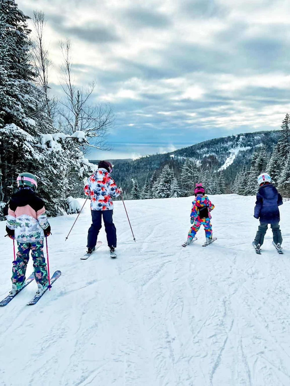 Snowy mountain skiing adventure, family skiing in scenic winter landscape, expert guidance at QuestForDirections.