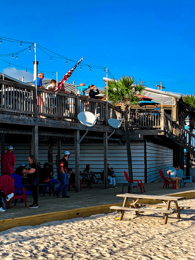 People enjoying seaside dining at a deck with string lights and palm trees, under a bright blue sky.