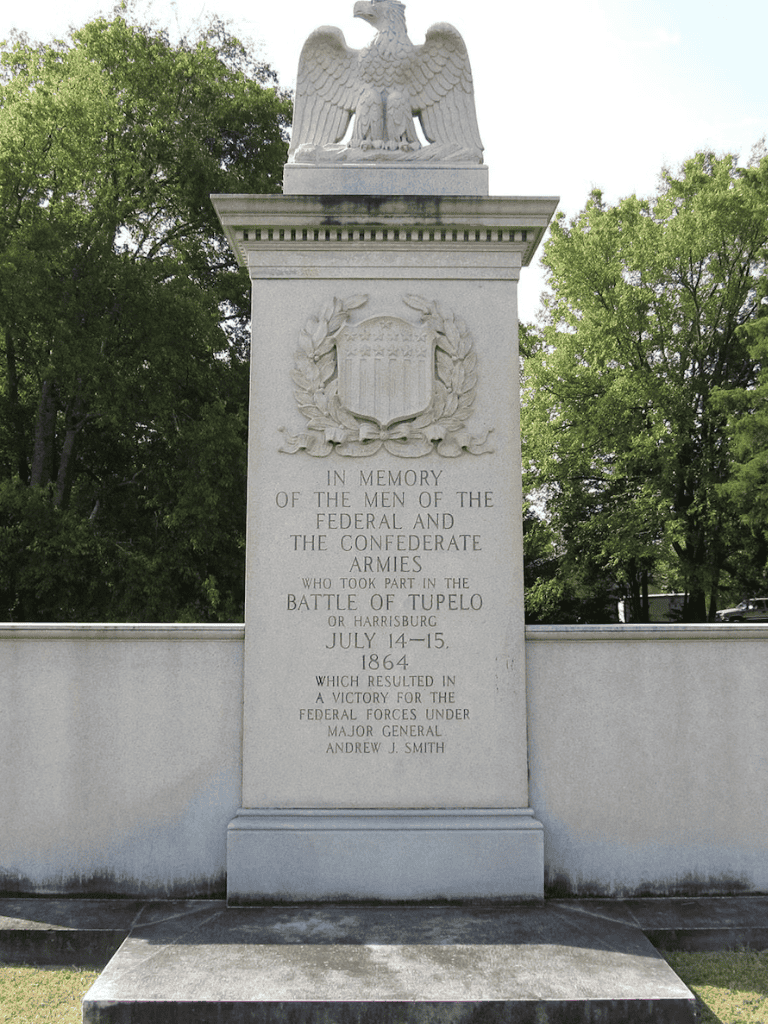 Memorial monument to Civil War soldiers at Battle of Tupelo, Confederate and Union war history, historic site in Tupelo, MS.