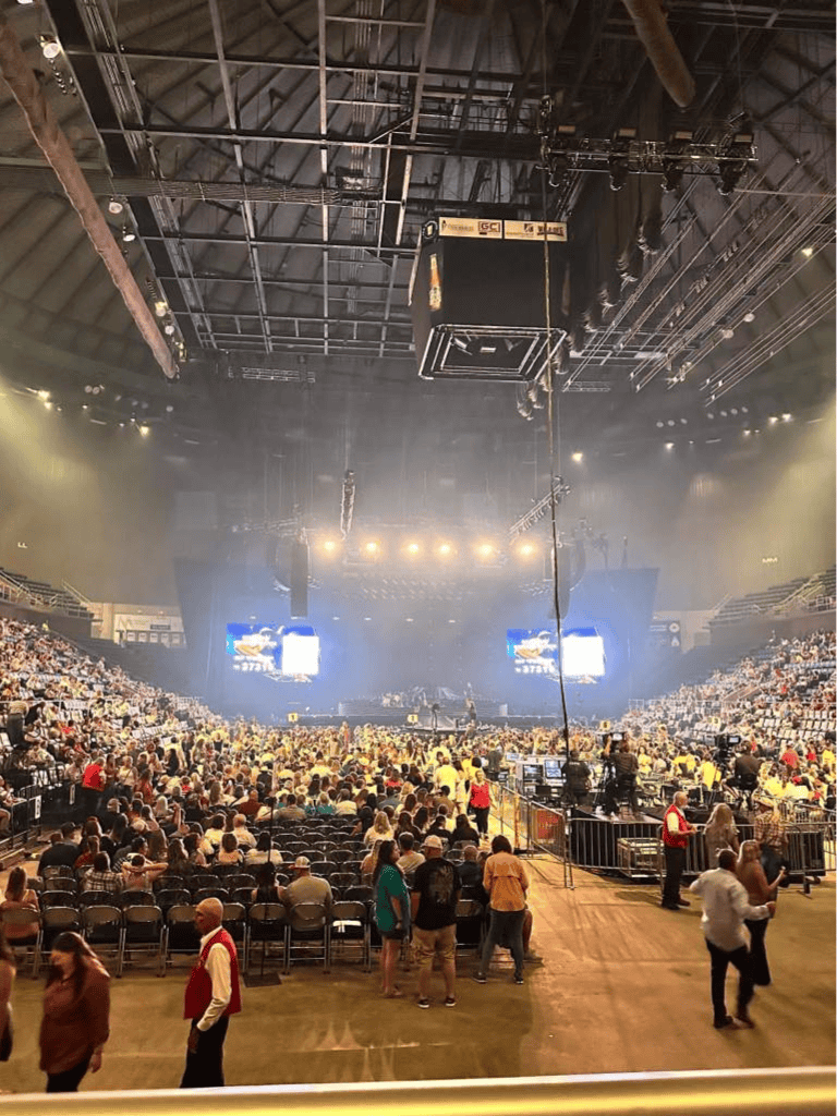 Spectacular indoor concert with a full audience, vibrant stage lighting, and large screens showcasing performers.