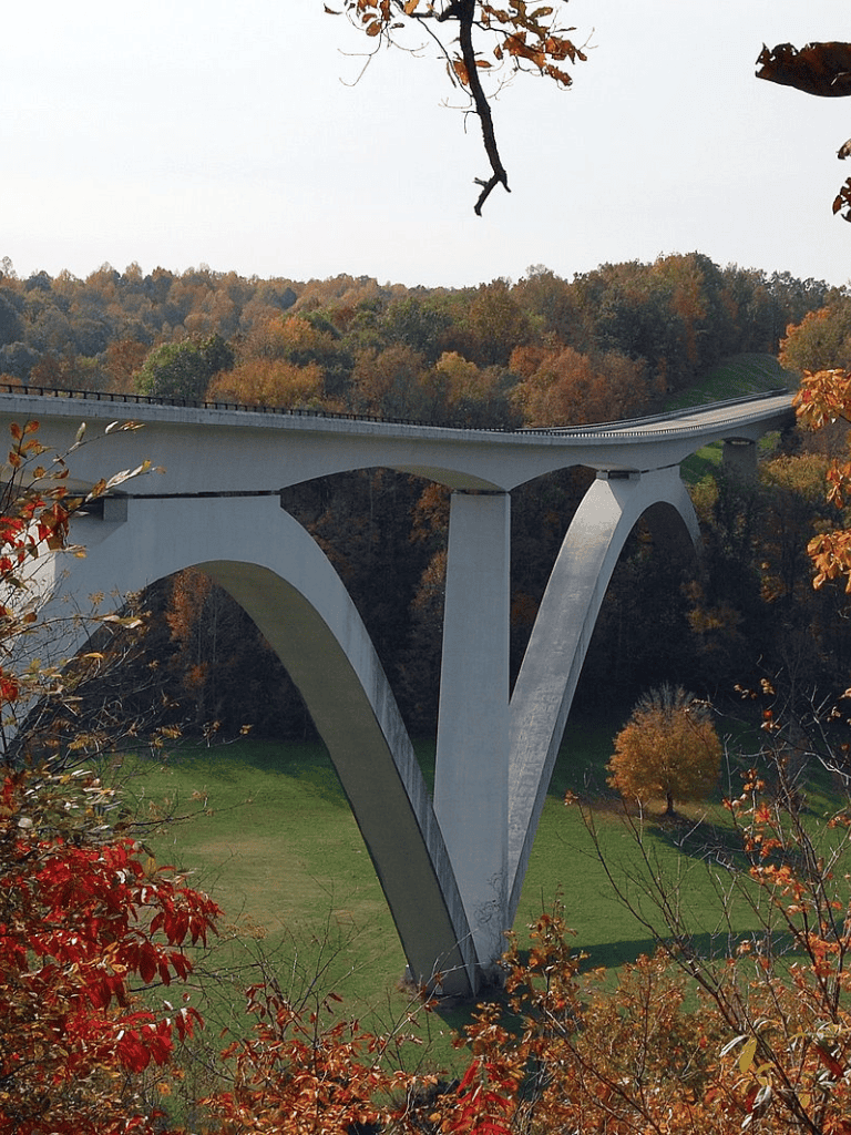 Majestic bridge surrounded by autumn foliage, scenic fall colors, and a lush green landscape.