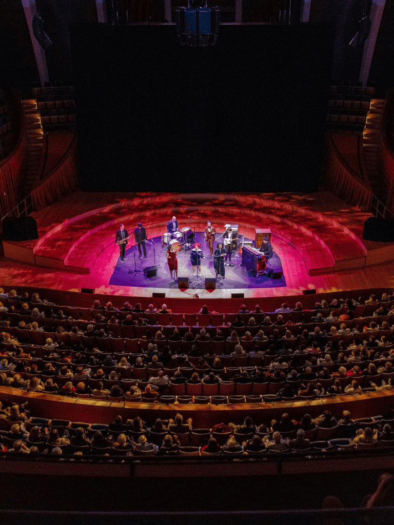 Live jazz band performing on stage at QuestForDirections concert venue, engaging audience.