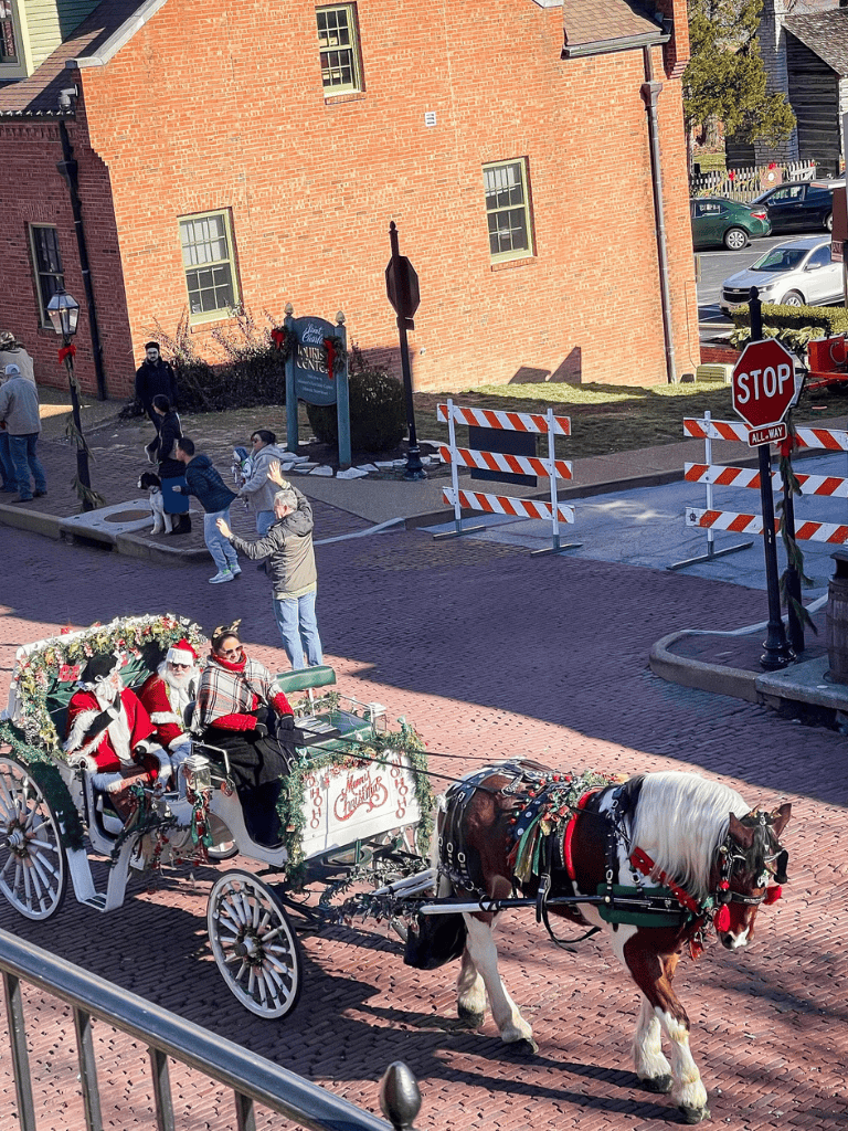 Santa's horse-drawn carriage with festive decorations in a holiday parade setting.